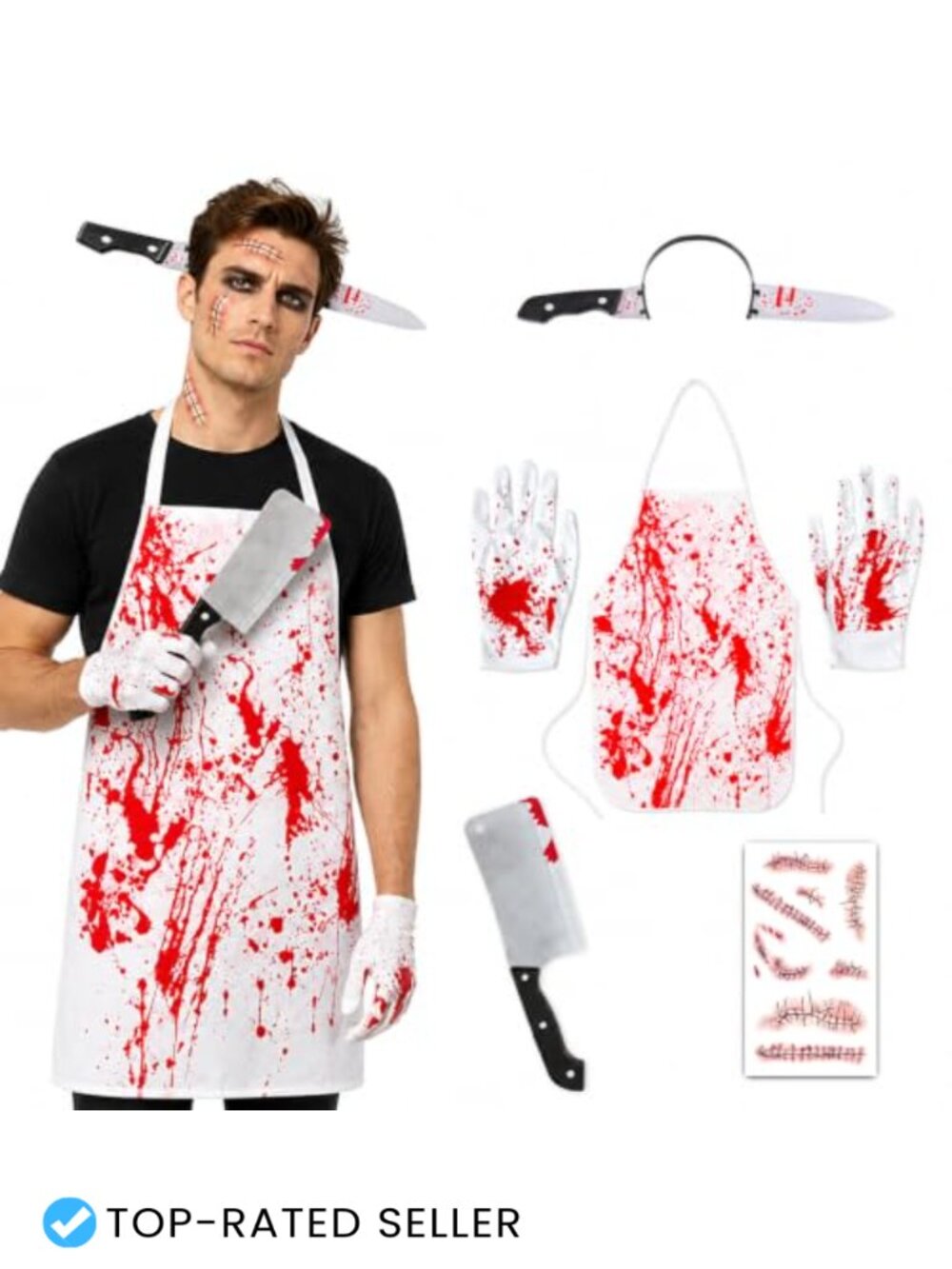Halloween Butcher Costume Set 5 PCS Plastic Apron Gloves Fake Knife Headband